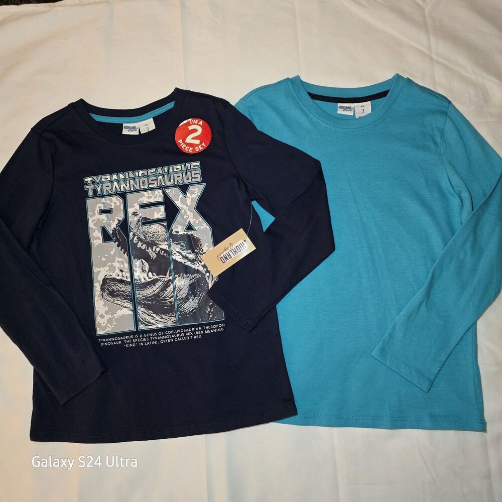 Highland Originals T-Rex Shirt Set Boy's Size 7 Navy Blue/Light Blue New